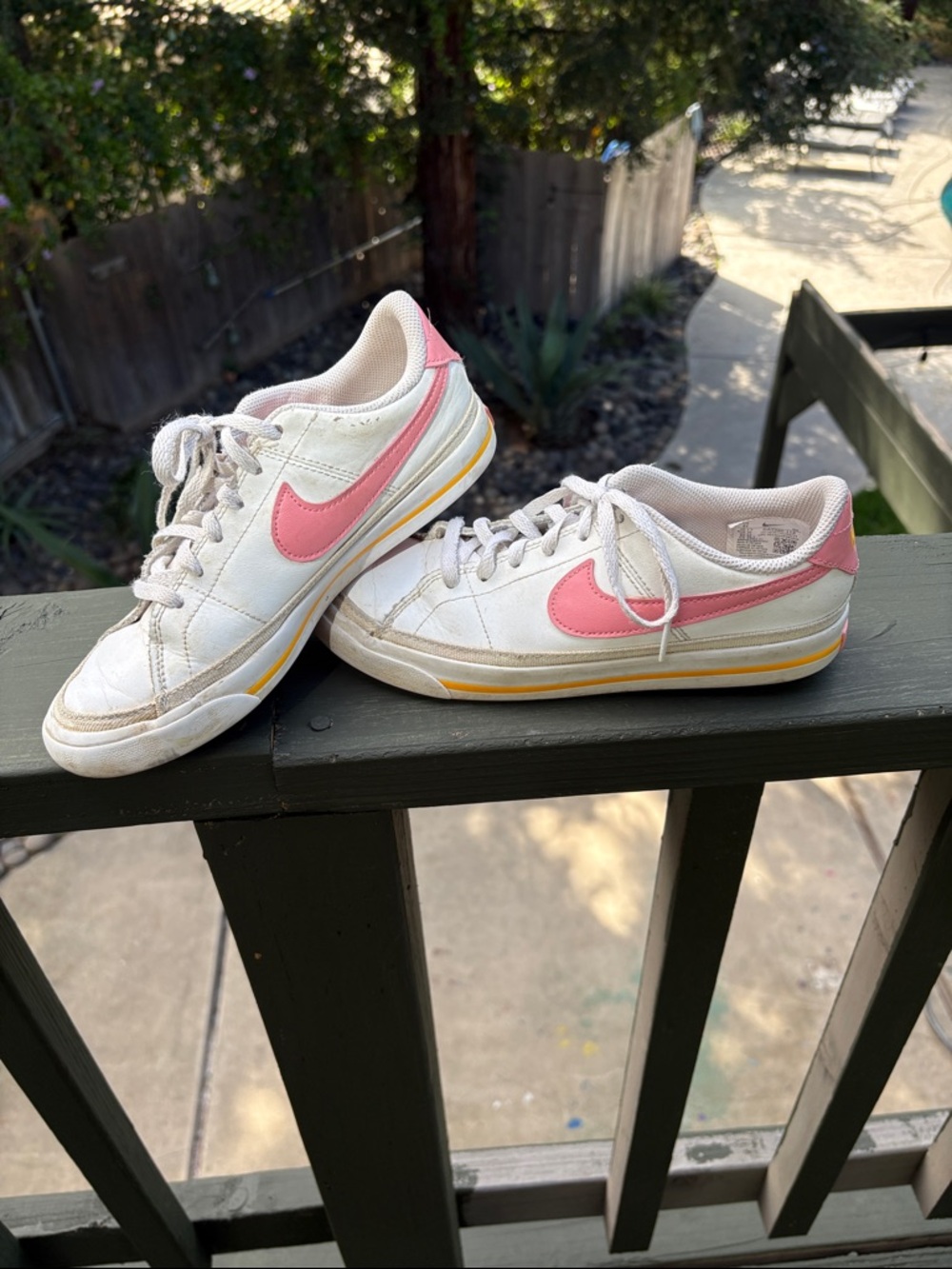 Nike Girls White Sneakers with Pink Swoosh and Yellow Trim size 4
